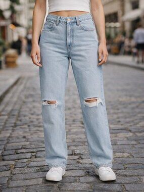 Levis Low Pro Straight Women's Jeans Light Wash Distressed Blue Sz 30